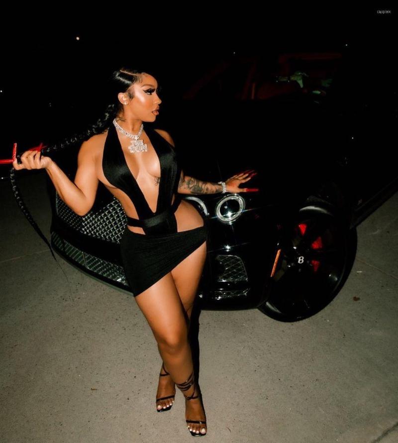 

Casual Dresses BKLD Women Clothing Fashion 2023 Sexy Deep V-Neck Backless Bandage Hollow Out Nightclub Solid Color Black Bodycon Dress