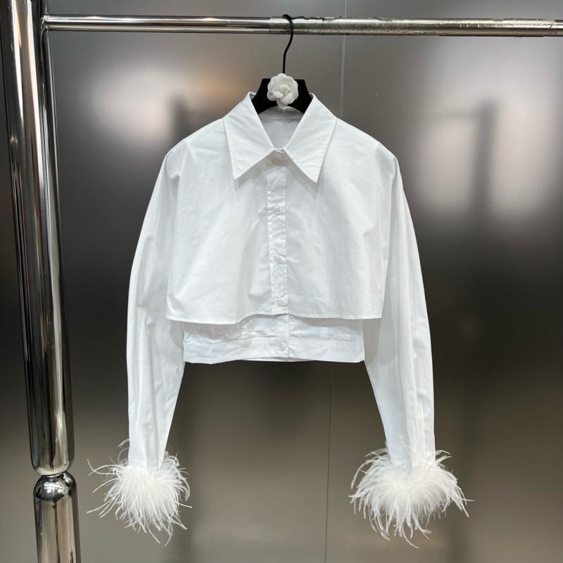 

Women' Blouses PREPOMP 2023 Spring Arrival Feathers Long Sleeve Turn Down Collar Vest Liner Fake Two Piece Slim White Shirt Women GH445