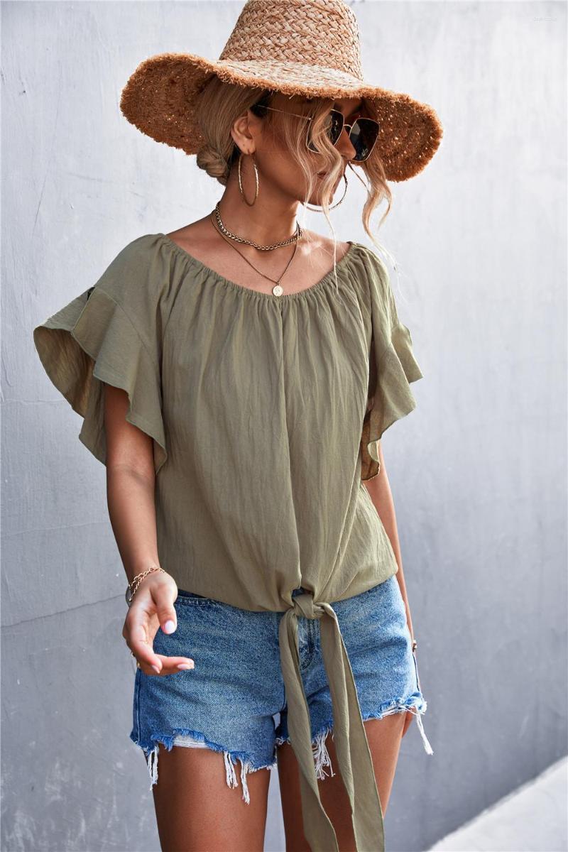 

Women' T Shirts 2023 Summer Women T-Shirts Butterfly Sleeve Ruffles Sexy Bandage Round Neck Spring Autumn Beach Casual Femme Tops Tees, Army green
