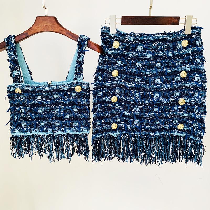 

Dress TWO PIECE SETS TOPS SKIRT SUITS BLUE TASSEL TWEED 2022 NEW FASHION KNIT FRINGED CAMISOLE TOPS SKIRTS TWO PIECE SUIT HIGH QUALITY, White jacket