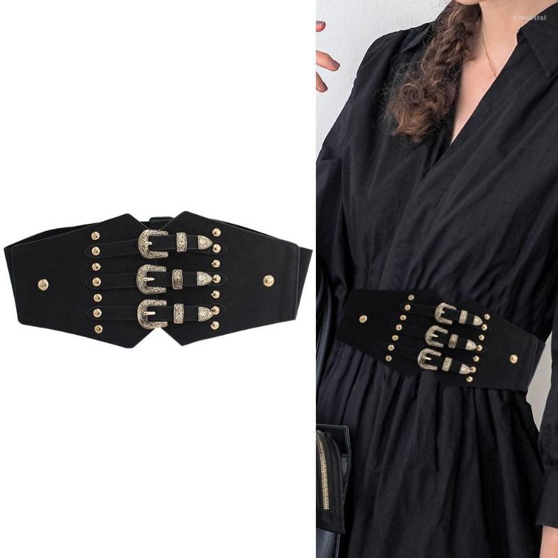 

Belts Fashion Slimming Gothic Vintage Stretch Cummerbunds Punk Leather Waistband Elastic Corset Band 3 Straps Wide, Black
