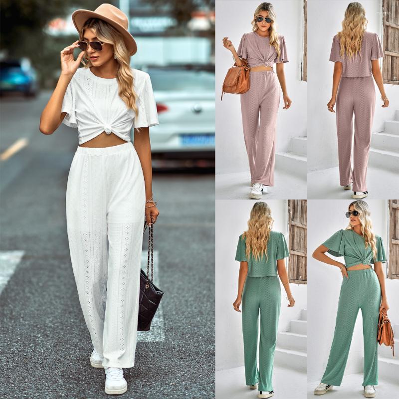 

Women' Two Piece Pants 2023 Spring And Summer Women' Fashion Solid Color Casual Knitted Crewneck Suit, Pink