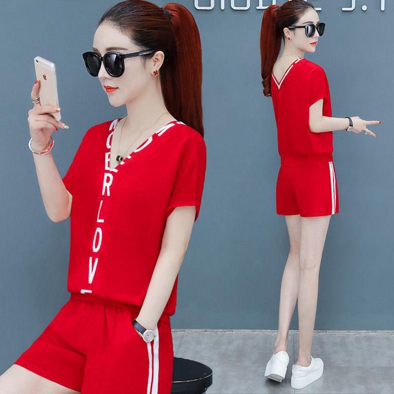 

Dress WOMEN'S SUIT PLUS SIZE CASUAL TRACKSUIT 2021 SUMMER NEW FASHION LOOSE VNECK CROP TOP AND SHORTS TWO PIECE SET FOR WOMEN CLOTHES, Red suit