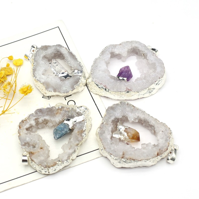 

Agate Irregular Geode Slice Pendant Amethyst Citrine Clear Quartz Natural Stone DIY Jewelry Making Necklace Accessory Gift 42x49mm