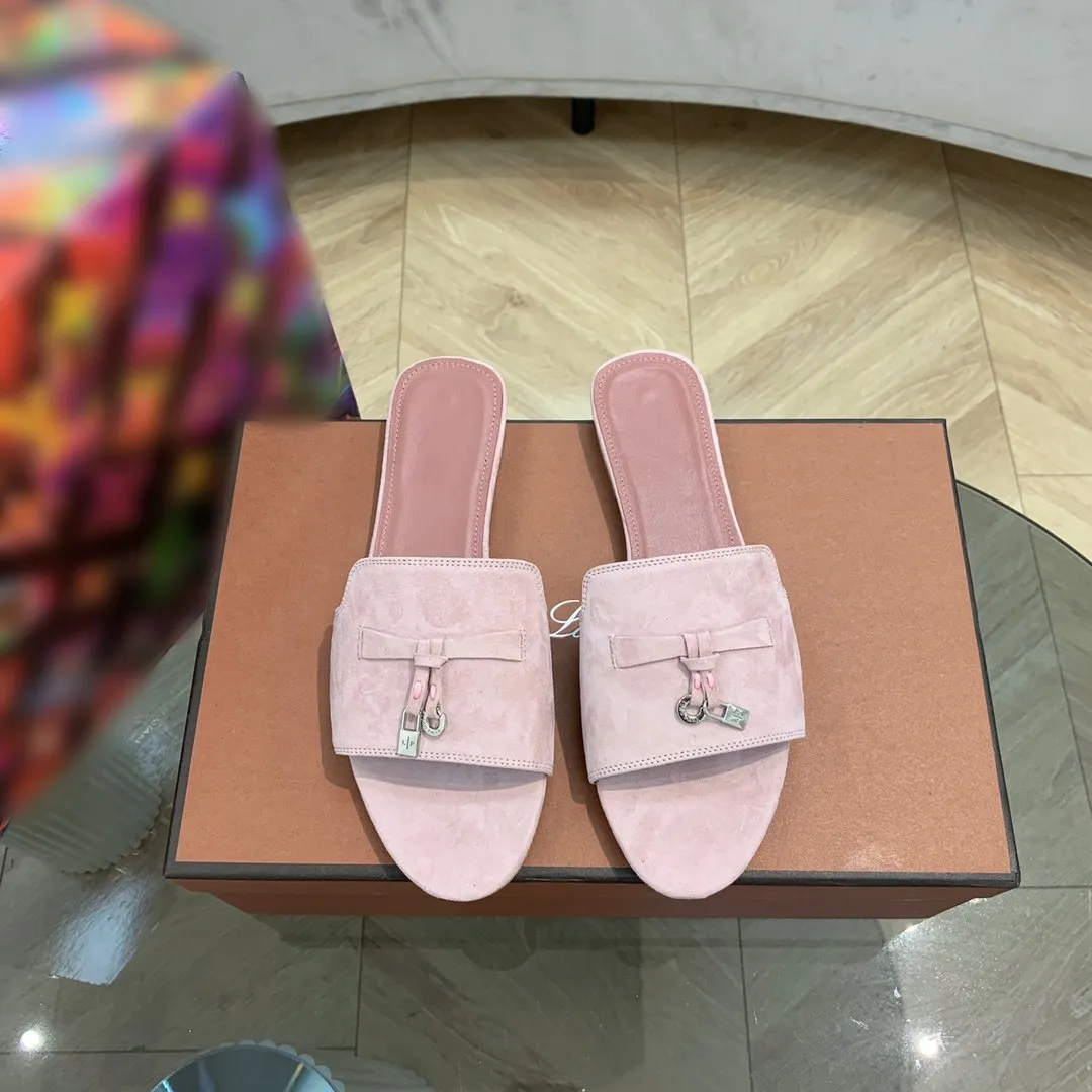 

2023 Summer slides embellished suede slippers sandals shoes Genuine leather open toe casual flats for women Luxury Designe