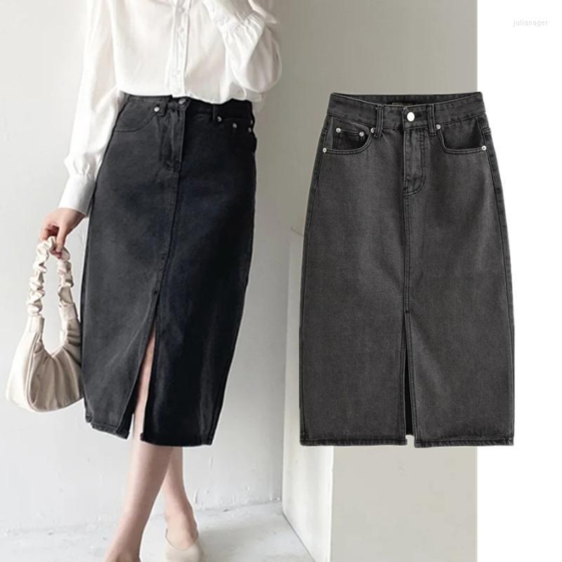 

Skirts Maxdutti England Style High Street Vintage Washed Denim Skirt 2023 Wasit Forking Casual Midi Women, Black