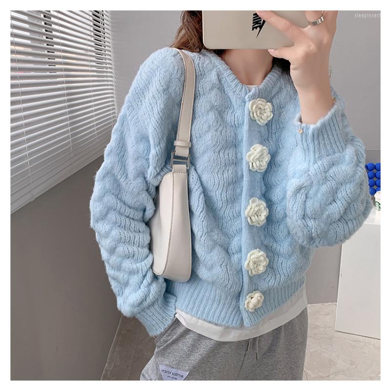 

Women's Knits Cropped Knitwear Cardigans Women 2023 Fall Korean Style Long Sleeve Flower Button Crop Sweater Female Sweet Loose Soft, Creamy-white