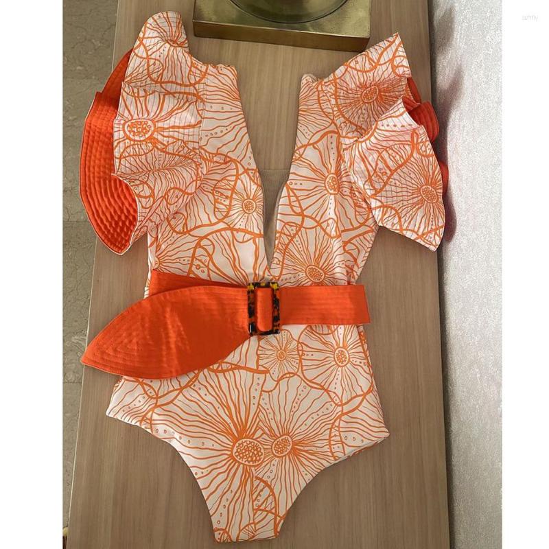 

Women' Swimwear Yedda 2023 One-piece Swimsuit Female Sexy Deep V Backless Mesh Stitching Ruffled Belt Beach Cover Up, White orange flower