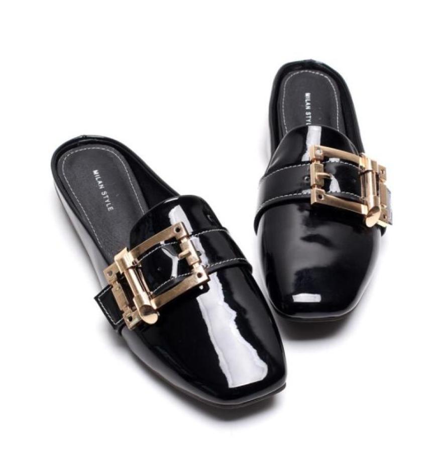 

New woman mules shoes summer fashion sandals metal buckle design slippers square toe black beige mules7177309