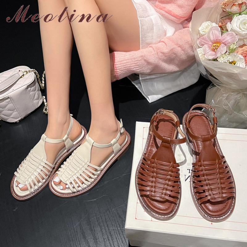 

Sandals Meotina Women Genuine Leather Round Toe Flats Buckle Narrow Band Ladies Fashion Casual Shoes Summer Spring Beige 42