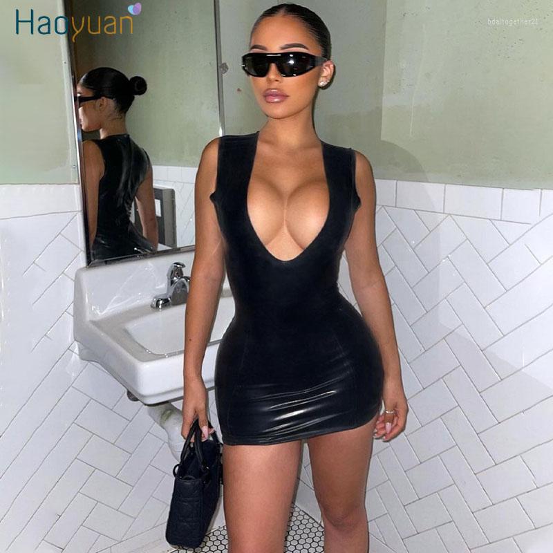 

Casual Dresses HAOYUAN Sexy Black PU Leather Bodycon Dress Birthday Night Party Club Outfits For Women Fashion Deep V Neck Tank Mini