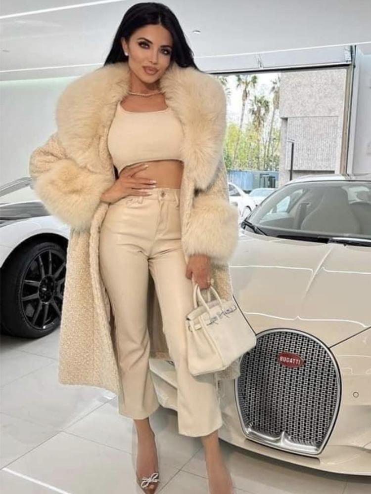 

Fur Winter Women Fashion High Street Thick Luxury Long Knitted Real Fox Fur Collar and Cuff Long Warm Belt Slim Overcoat, Creamy-white