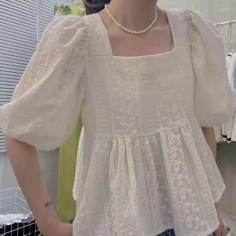 

Women' Blouses Women Blouse Summer 2023 Korean Version Super Fairy Lantern Sleeve Loose French Square Neck Solid Casual Female Top, White