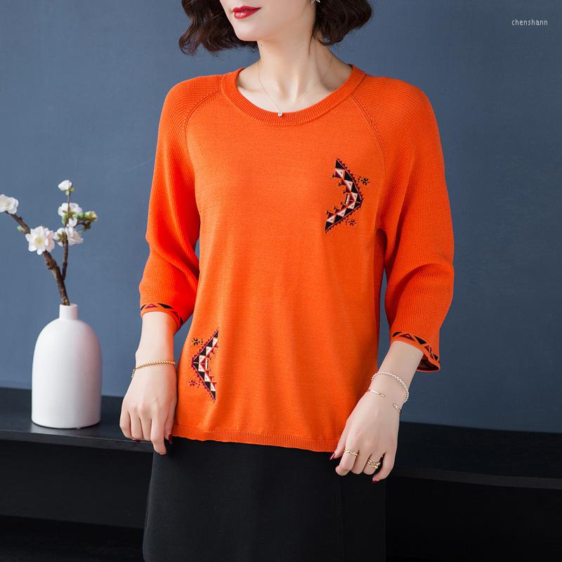 

Women's Sweaters Spring Summer Women's Pullover Sweater Round Collar Loose Korean Three-quarter Sleeve Top Female Print Causal Jumper, Black