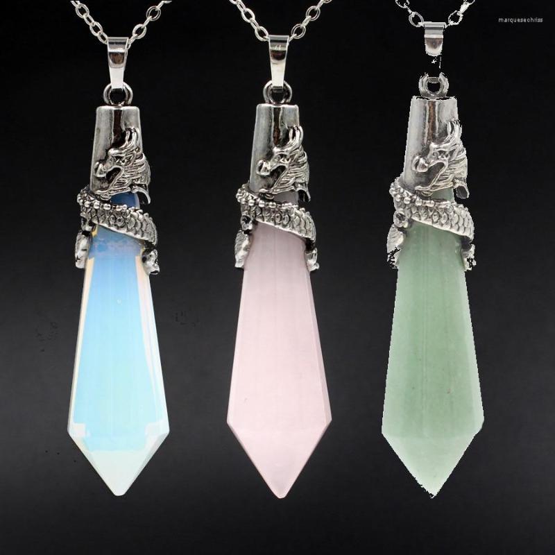 

Pendant Necklaces Dragon Wrapped Natural Stone Healing Point Amethysts Green Aventurine Opal Pink Crystal Pendulum For Women Men