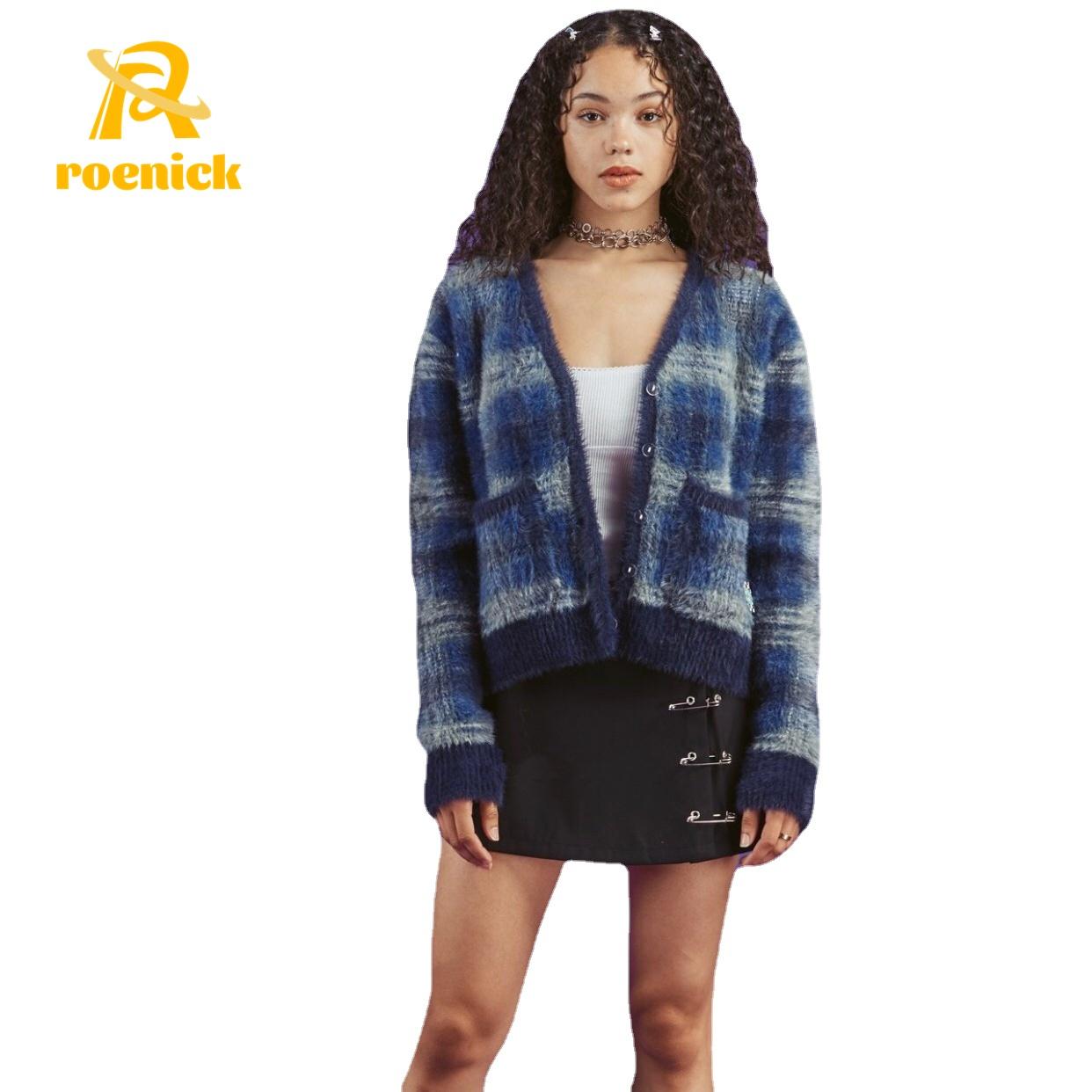 

Sweaters ROENICK WOMEN GREEN PLAID CARDIGANS SWEATERS FUZZY KNITTED TOPS FRONT BUTTON CROPPED HARAJUKU EGIRL AESTHETIC Y2K STREETWEAR