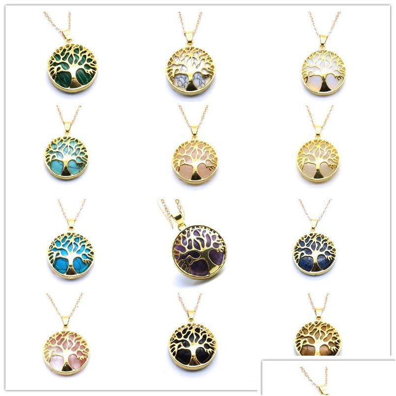 

Pendant Necklaces Tree Of Life Stone Necklace Pink Tingers Eye Gemstone Charms Rose Quartz Druzy Jewelry Women Drop Delivery Pendants Dhrgw