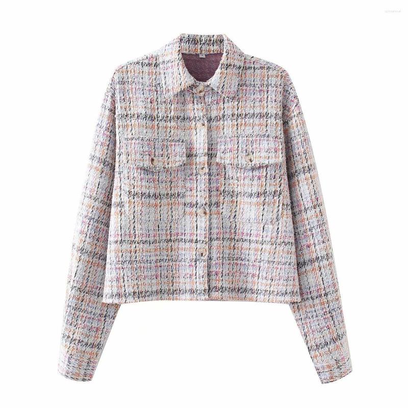 

Women' Jackets Fall 2023 Fashion Casual Short Plaid Shirt Jacket Lapel Single-breasted Long-sleeved Two-pocket Top, Photo color