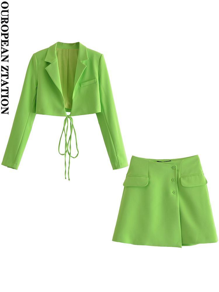 

Dress PAILETE WOMEN 2022 FASHION WITH TIED CROPPED GREEN BLAZER COAT OR HIGH WAIST WITH POCKETS BUTTONDOWN MINI SKIRT, Picture color