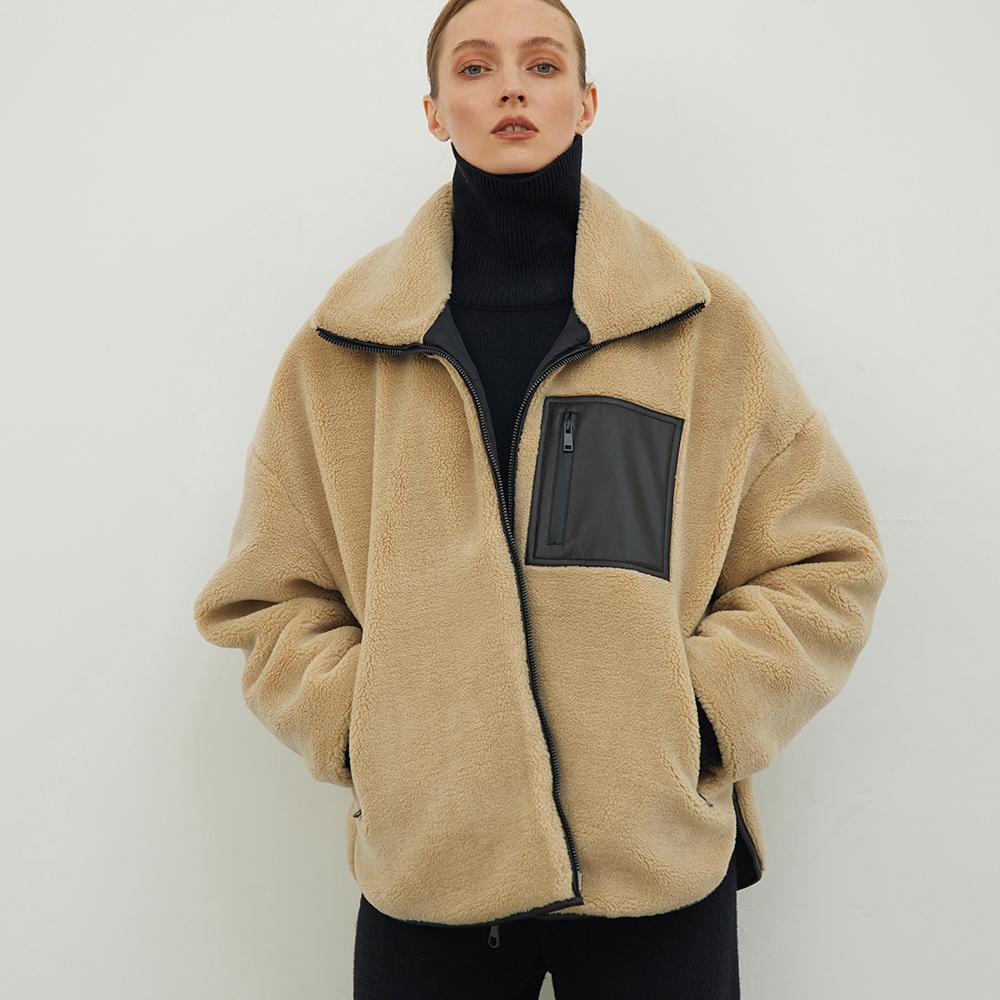 

Leather Turtleneck mkyn jacketcardigan with zipper street warm insulated outerwear from artificial fur, Beige