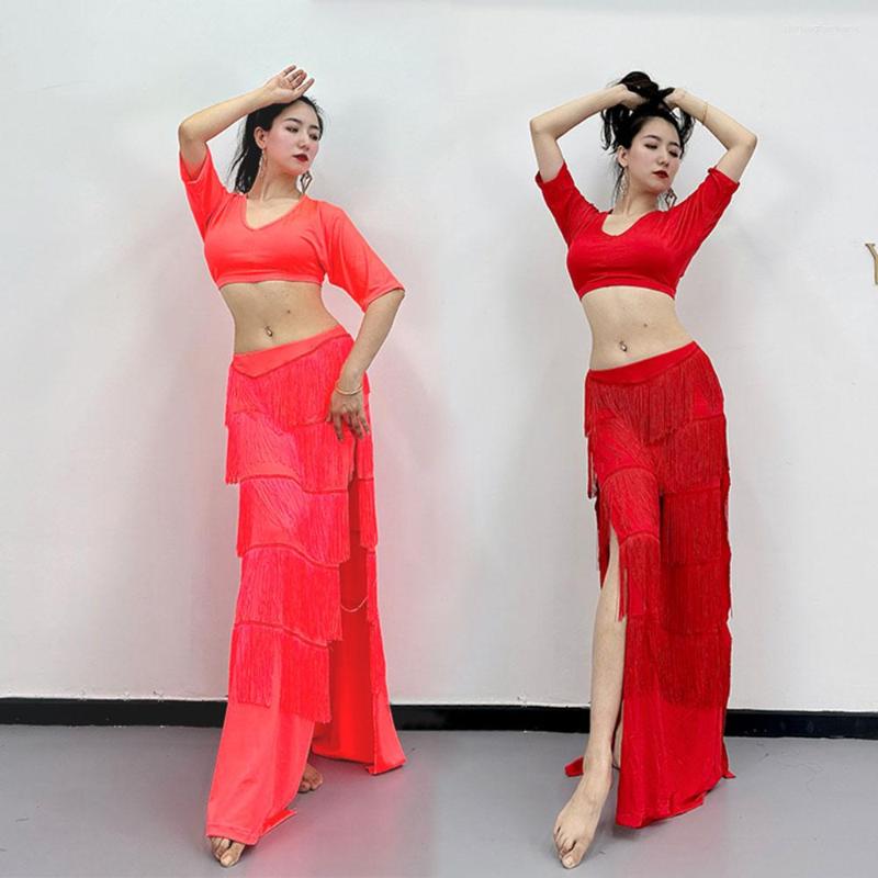 

Stage Wear Belly Dance Milk Silk Fluorescent Color Encouragement Practice Clothes Suit Bat Sleeve Top Five-Layer Tassel Long Skirt 3 Colors, Fluorescent yellow