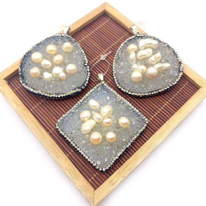 

Charms Natural Stone Pendant Necklace Rhombus White Crystal Resin Inlaid Shell Pearl Diamond Jewelry For Or Making