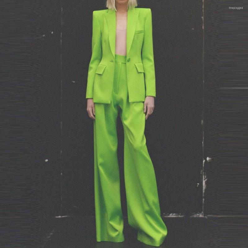 

Women's Two Piece Pants 2023 Design Women Suits Blazer Green Lapel Single Button Wide Leg 2-Piece Sets Office Business Female Suit Outfits, Ms13