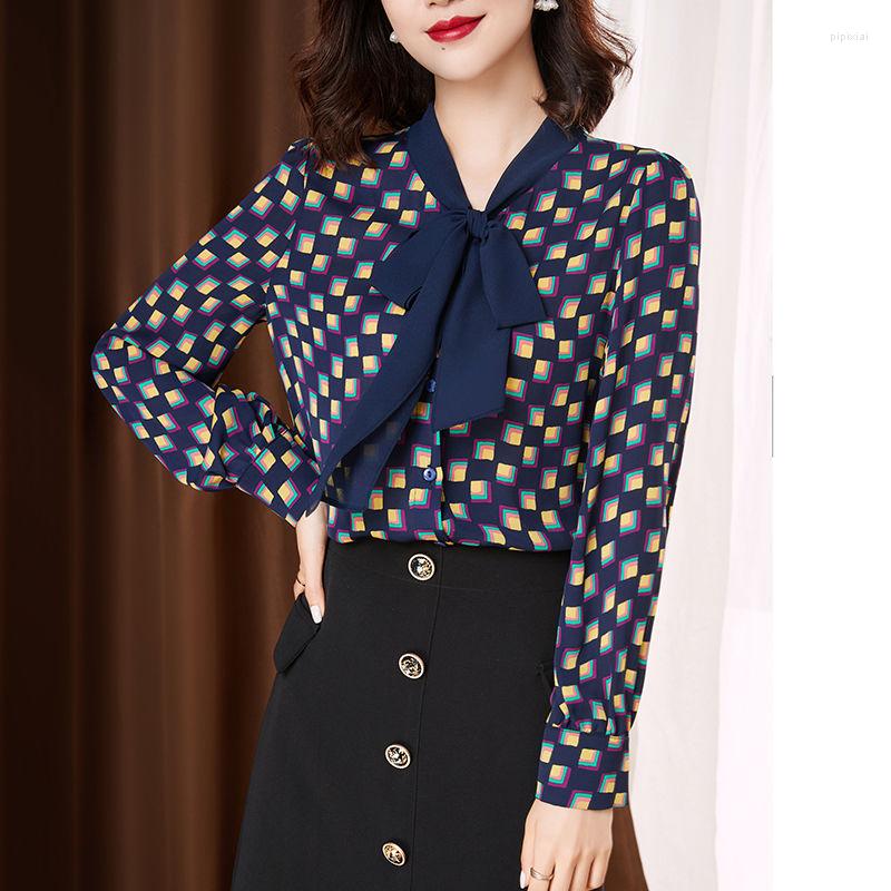 

Women' Blouses Commute Contrasting Colors Plaid Printed Blouse Female Clothing V-Neck Korean Bow Drawstring Spring Autumn Single-breasted