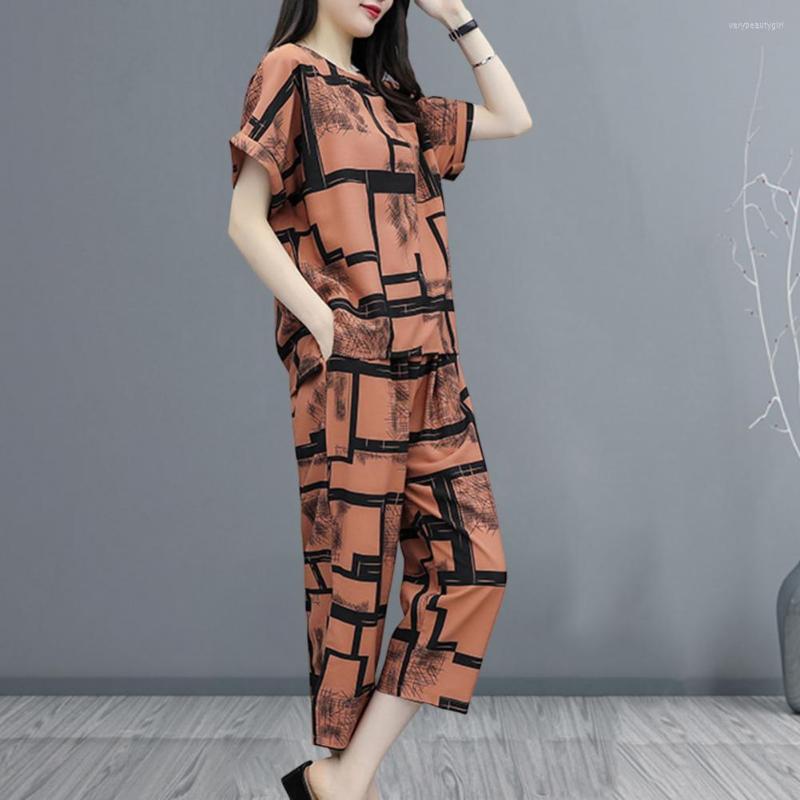 

Women's Two Piece Pants 1 Set Women Shirt Elastic Waist Loose-fitting With Pocket Round Neck Polyester Summer Print Pant Sets Casual Outfit, Brown