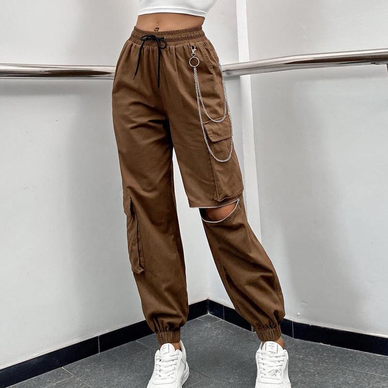 

Women's Pants 2023 Cargo Woman Relaxed Fit Baggy Clothes Black High Waist Zipper Slim Drawstring With Pockets Loose, Brown