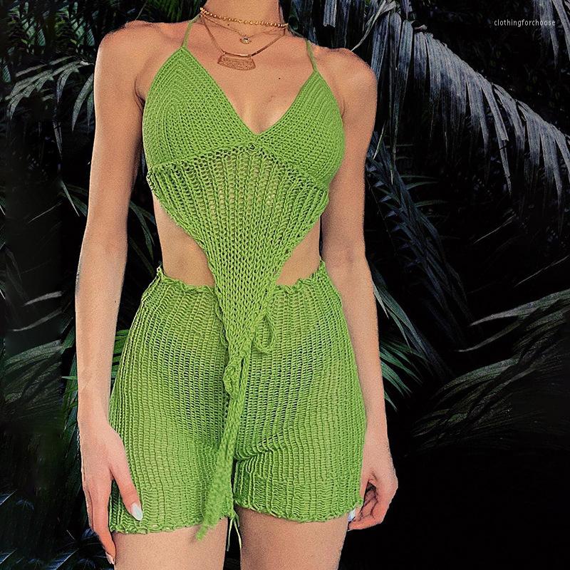 

Women' Swimwear Beach Clothes For Women 2023 Outlet Summer Neck Strap Backless High Waist Shorts Suit Vest Slim One Solid Spandex Outings, Green