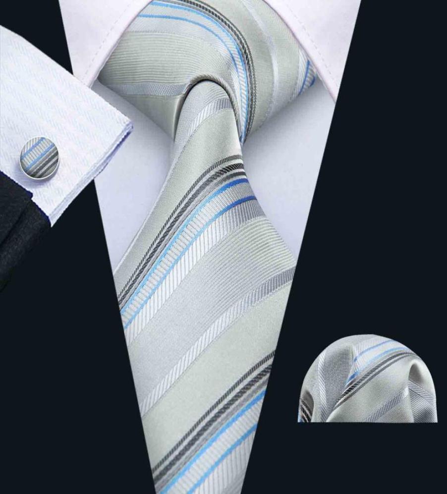 

Mens Tie Light Gray Stripes With Blue Lines Hankerchief Cufflinks Set Silk Simple Meeting Business Casual Party Necktie N50169484318