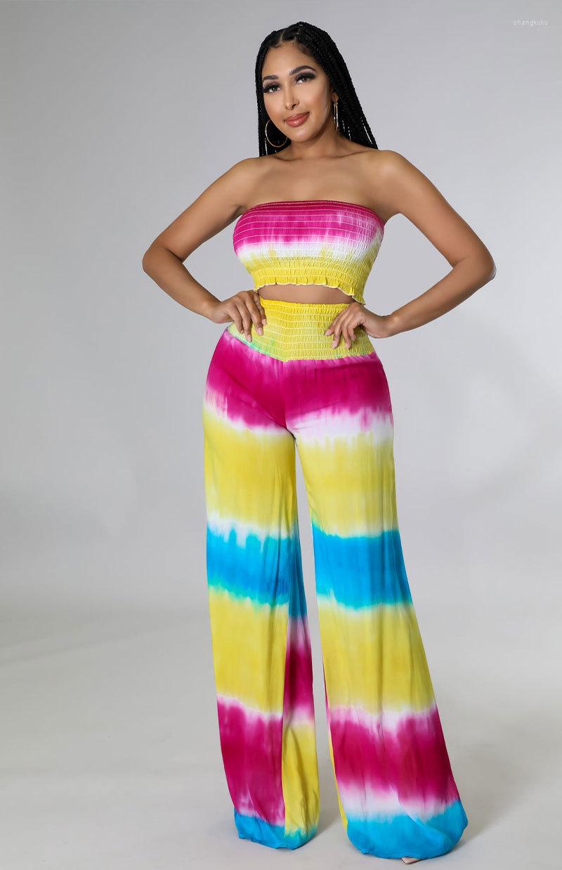 

Women' Two Piece Pants 2023 Sexy Holiday Style Women Suit Sleeveless Strapless Short Top Elastic Long Printed 2 Sets, Blue