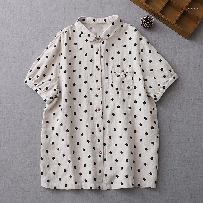 

Women's Blouses 2023 Fashion Dot Print Cotton Linen Loose Shirts Women's Summer Short-sleeve Casual Tops Blouse Camisa, Beige