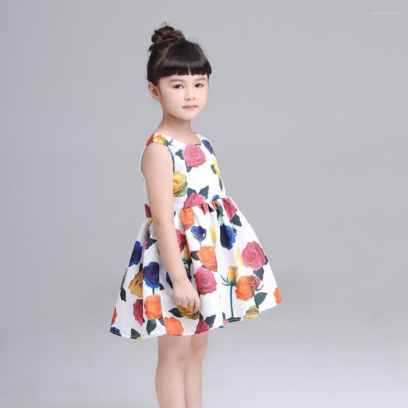 

Girl Dresses Baby Girls Flower Printing Sleeveless Pincess Vest Full Dress Clothes WH 100, White
