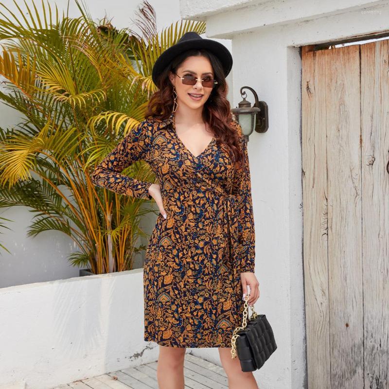 

Casual Dresses 2023 Women's Fall Winter V Neck Long Sleeve High Waist Floral A Line Short Dress For Ladies Knitted Print, Red