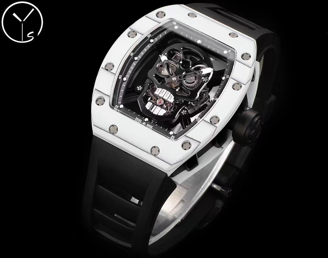 

YS RM052 is 49.8X44.3X16.4mm with tourbillon movement sapphire glass mirror carbon fiber case natural rubber strap, As shown