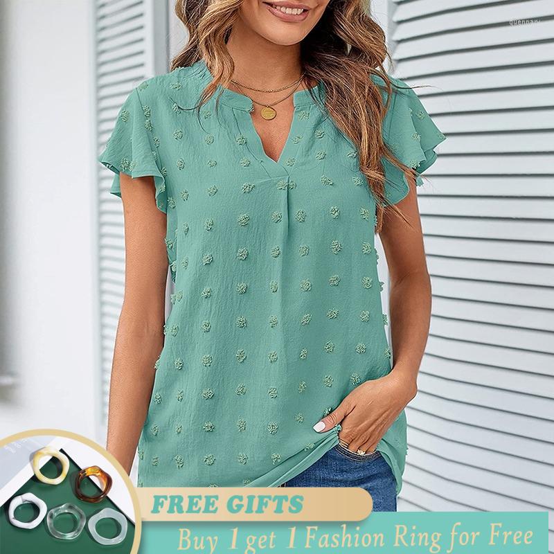 

Women's T Shirts Summer Short Sleeve Woman Blouse Loose Jacquard Ruffle Sleeves Elegant Women's Shirt Fashion 2023 Casual Solid Womens, Emerald green