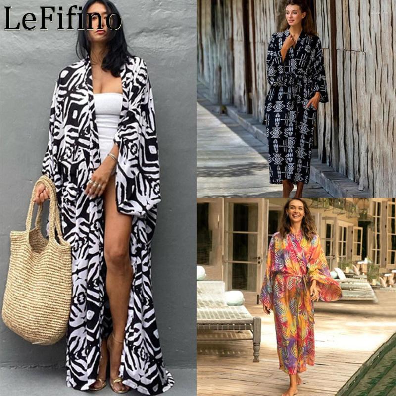 

Women's Swimwear European American Cotton Black White Classic Printed Cardigan Seaside Vacation Sun Protection Shirt Casual Bikini Cover Up