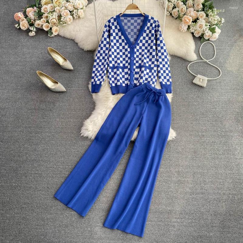 

Women's Two Piece Pants Amolapha Women Winter Knitted Casual 2-piece Sets V-Neck Plaid Cardigan Tops Elastic Waist Wide Legs Outwear Clothes, Black