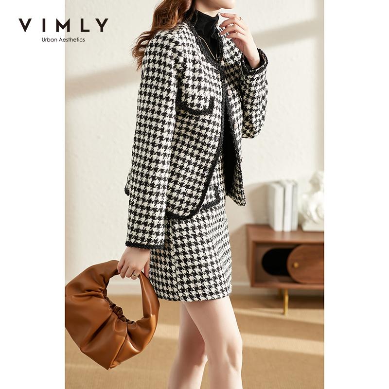

Pants VIMLY Short Jacket 2 PCS Set For Women 2021 Winter Coat Tweed Warm Skirt Houndstooth Elegant Female Plaid Overcoat F9612