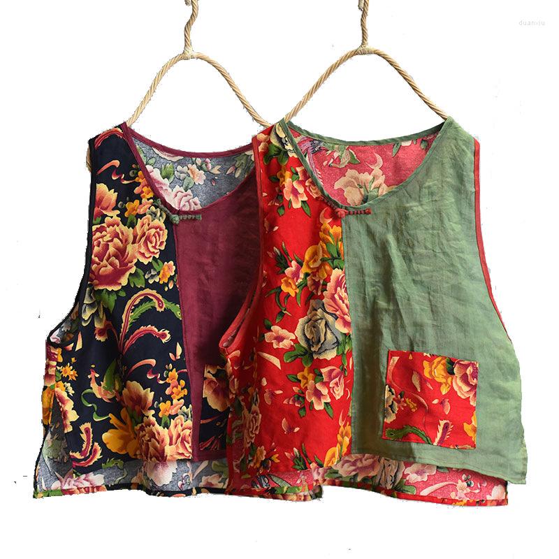 

Women's Tanks Loose Thin Cotton Sleeveless Vest Women Summer Chinese Style Vintage O-neck Patchwork Pocket Floral Printed Tops
