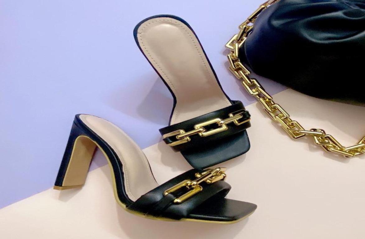 

Slippers 2021 Summer Elegant Women039s Fashion Metal Chain Decoration High Heels Mules Slides Pumps Square Toe Ladies Shoes7087333, Black