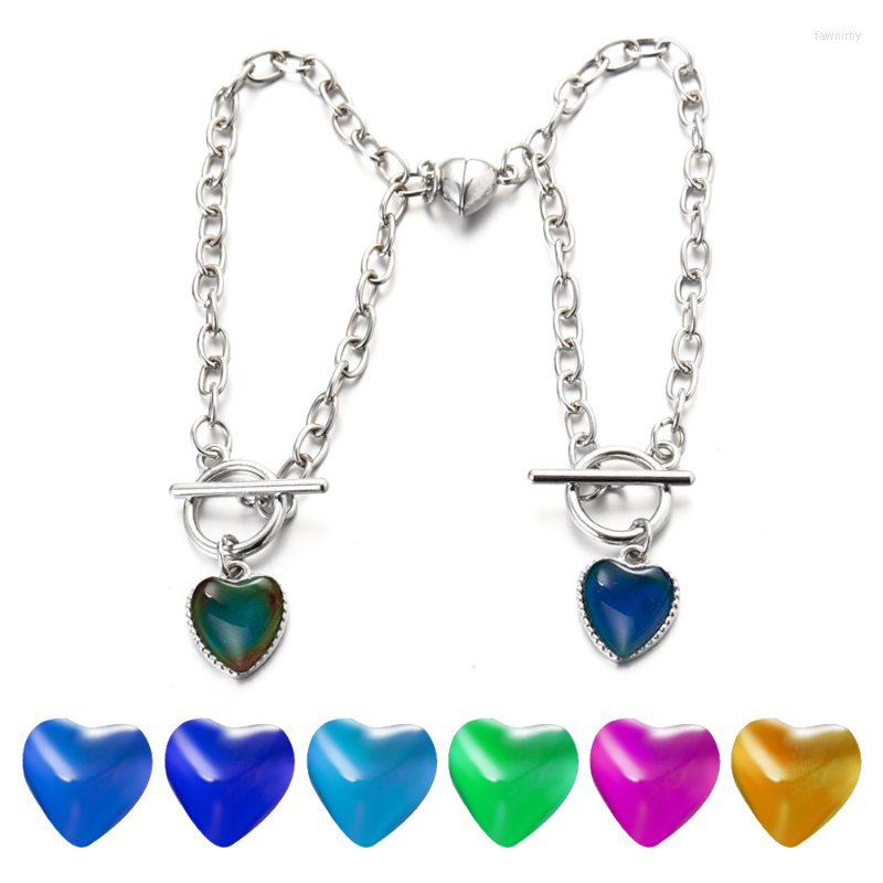 

Charm Bracelets 2Pcs Mood Bracelet Peach Magnetic Heart Pendant Temperature Control Color Change Necklace Steel Chain Jewellery Women