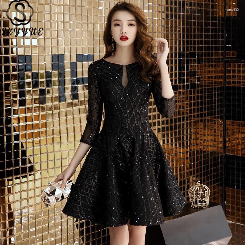 

Party Dresses Skyyue Black Cocktail Dress Half Sleeve Scoop Sequined Robe Gown Solid Cut-out Illusion Short E009