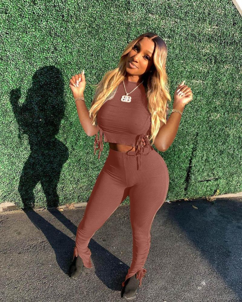 

Women' Two Piece Pants Summer Sets For Women 2023 Fashion Lace-up Outfits 2 Set Sexy Women' Clothing Pleated Pant, Black