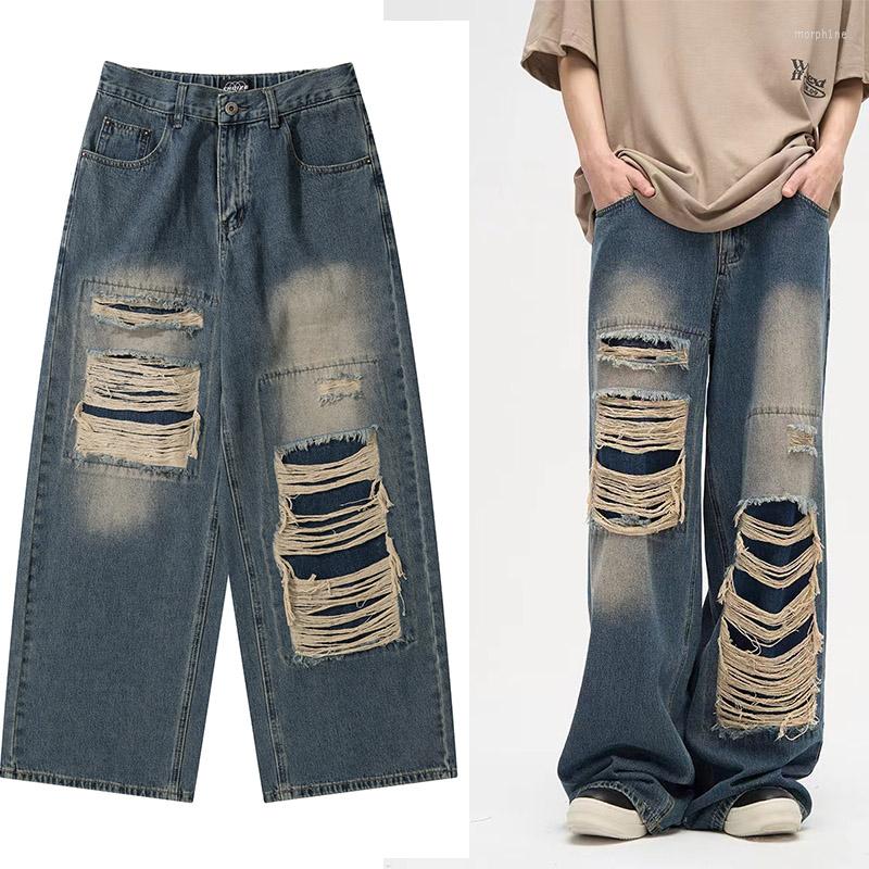 

Men' Jeans Harajuku Vintage Ripped Black Blue Loose Men' 2K Streetwear Gothic Punk Oversized Pants Women' Wide Leg Bermuda Grunge