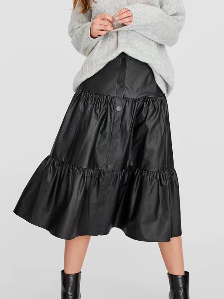 

Dresses TRAF Women Long Skirts Fashion Leather PU Pleated Skirt 2022 Office Lady Midi Dress Elegant HighWaisted Party Skirt Bottoms, Black