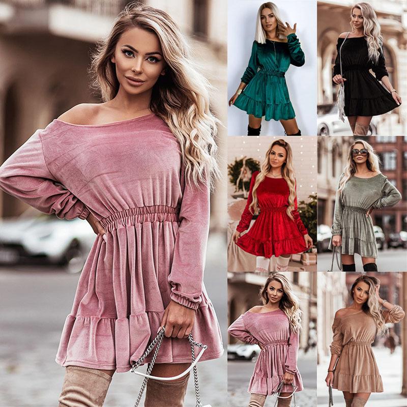 

Casual Dresses Loose Long Sleeve Mini Dress Women 2023 Autumn O-neck Black Fashion Ruffles A-line Winter Elegant Woman, Light grey