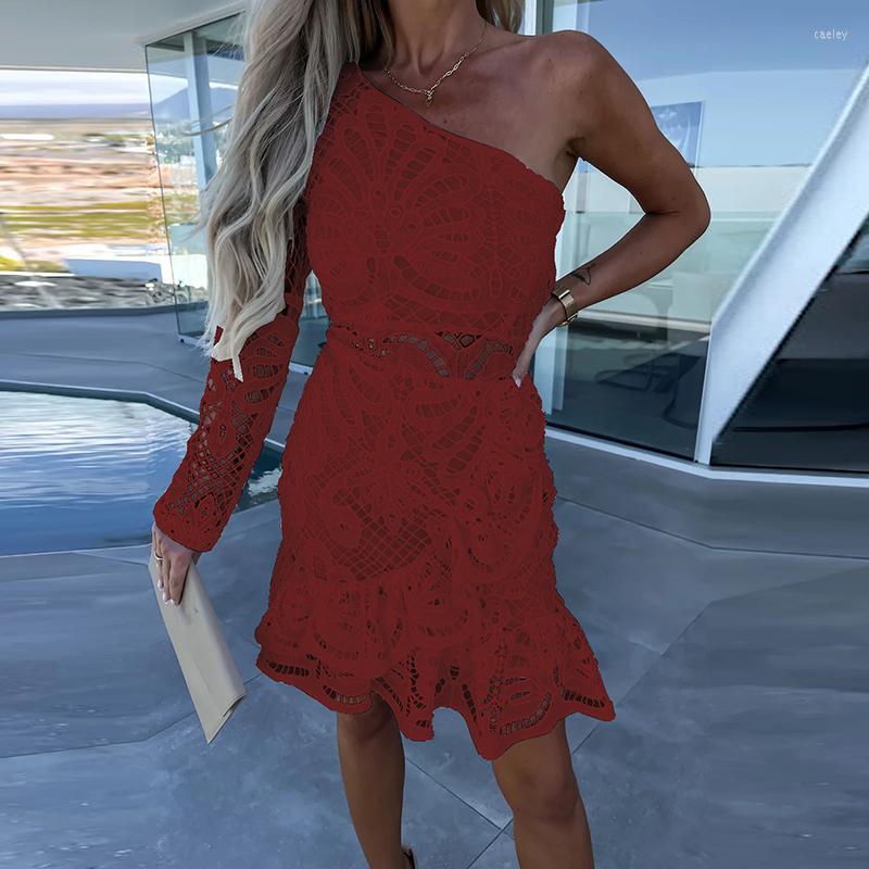 

Casual Dresses Fashion Hollow Off Shoulder Long Sleeve Dress 2023 Ruffle Holiday Party Women Diagonal Collar Lace Slim Mini, 02 wine red